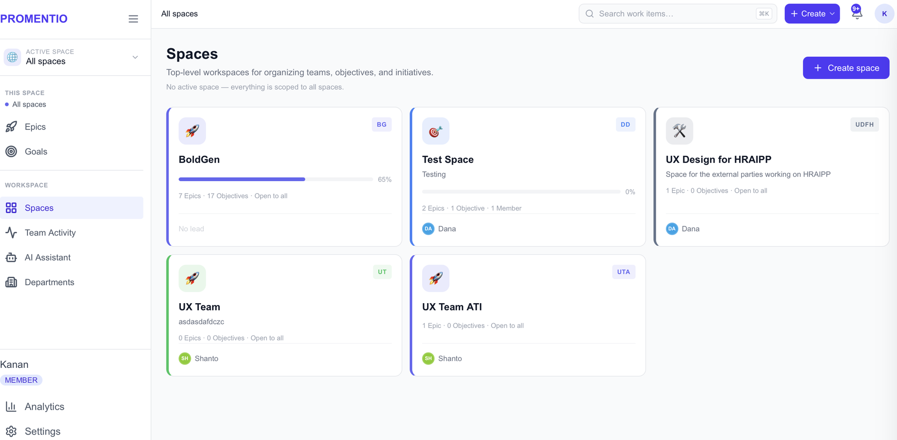 The Spaces page listing every workspace in the organization