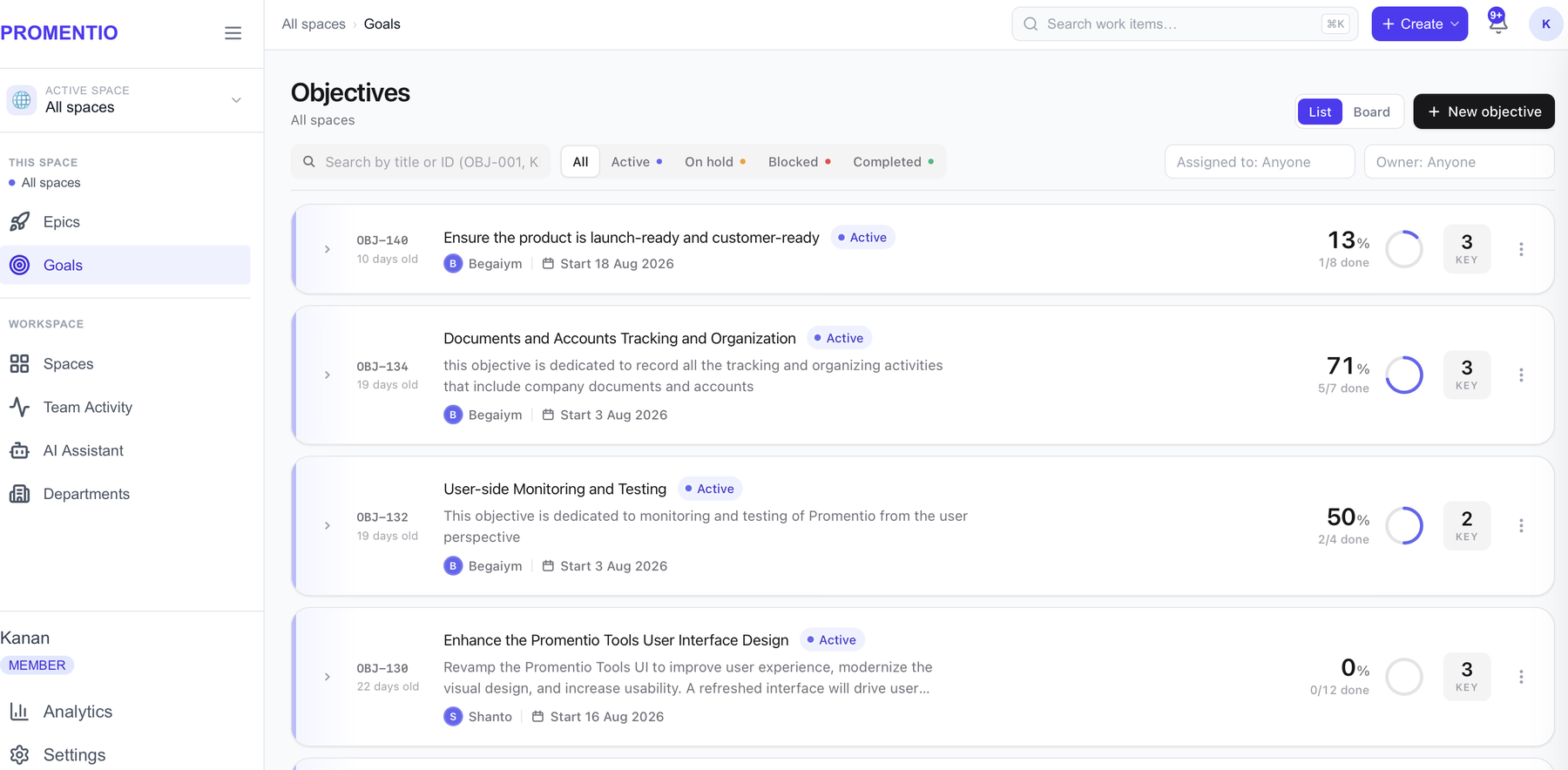 An objective on the Goals page with its key results expanded